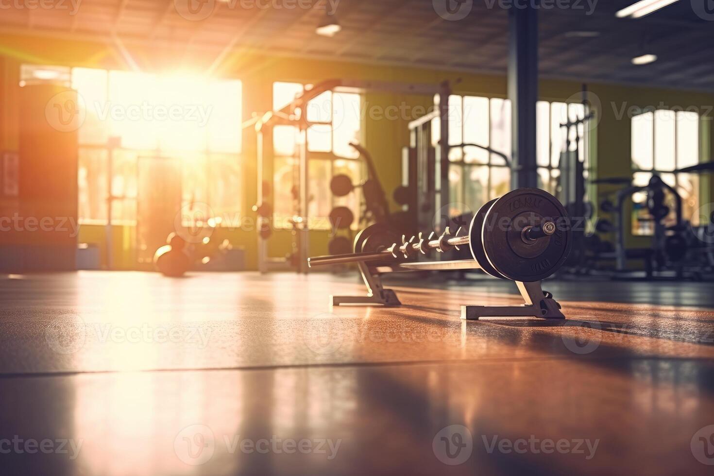 Gym interior photo with sunlight leaking through the window. Generative AI