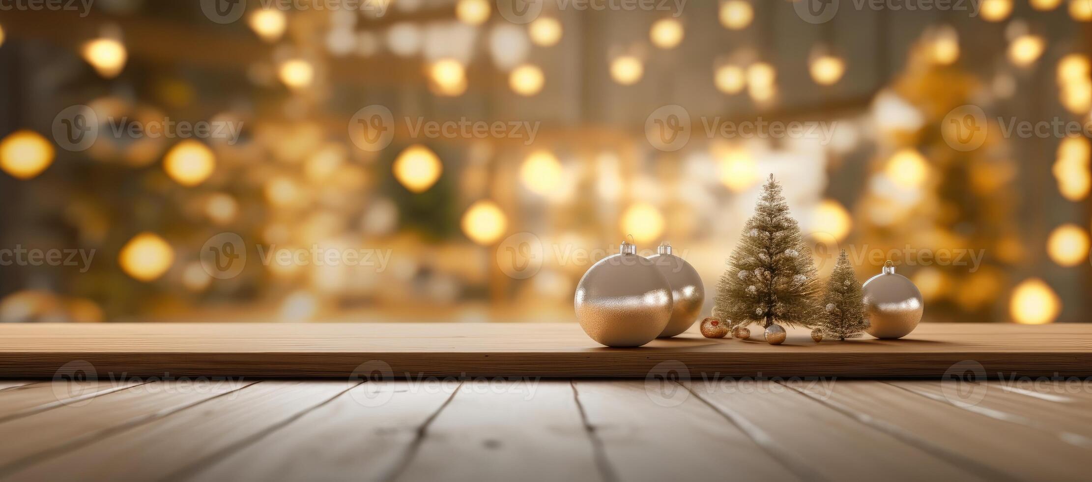 Christmas decorations on wooden floor, lights with bokeh effect in the background. photo