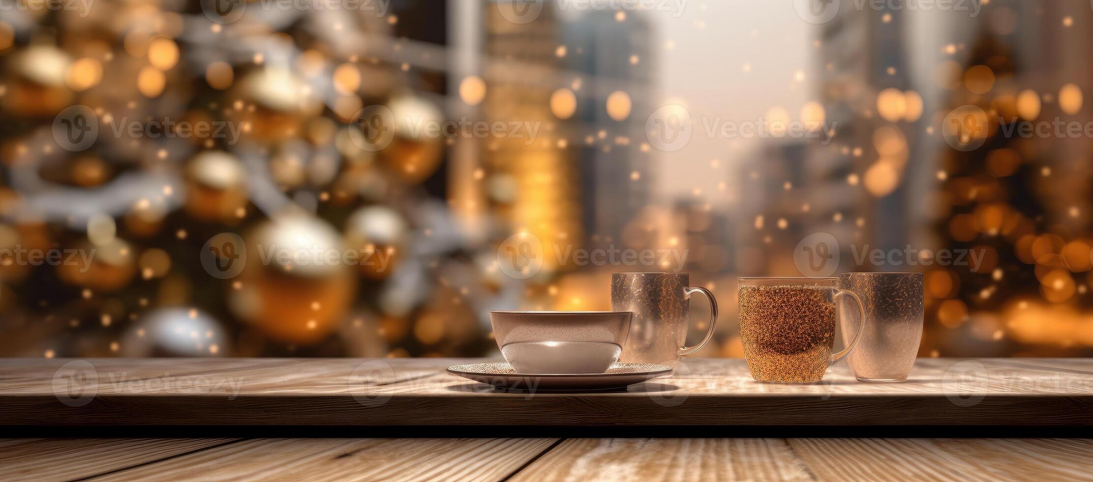 Christmas decorations on wooden floor, lights with bokeh effect in the background. photo