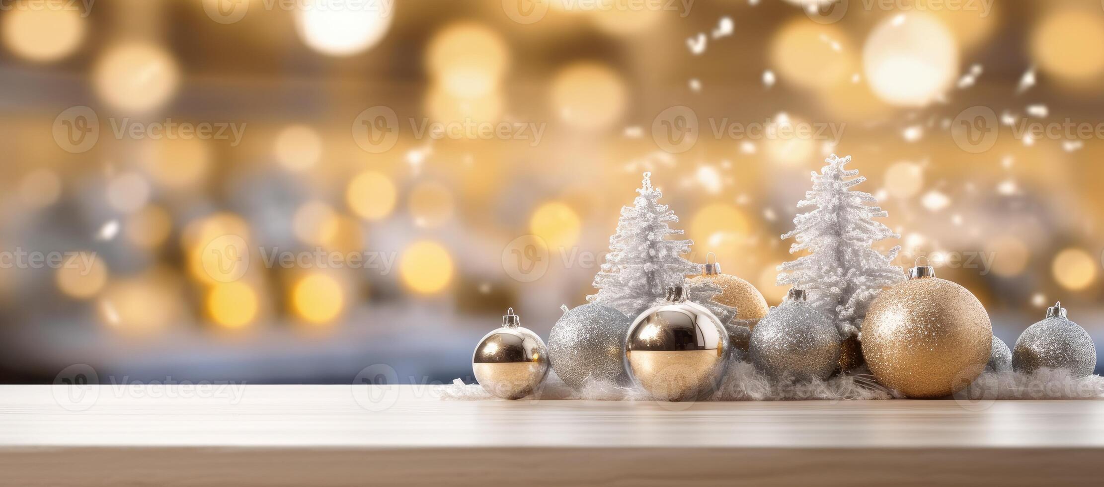 Christmas decorations on wooden floor, lights with bokeh effect in the background. photo