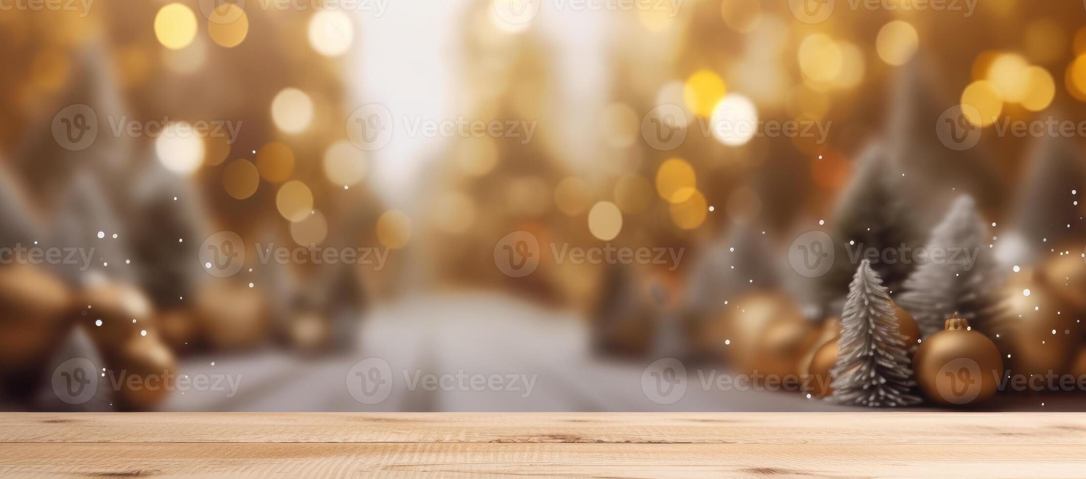 Christmas decorations on wooden floor, lights with bokeh effect in the background. photo