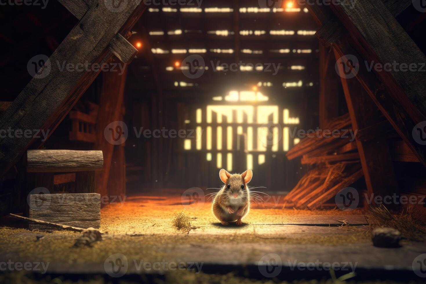 Cute brown mouse is wandering around a farm hangar. photo