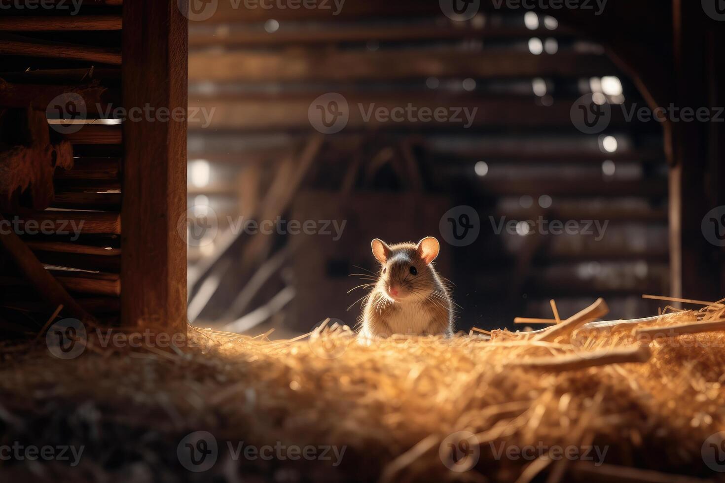 Cute brown mouse is wandering around a farm hangar. Generative AI photo