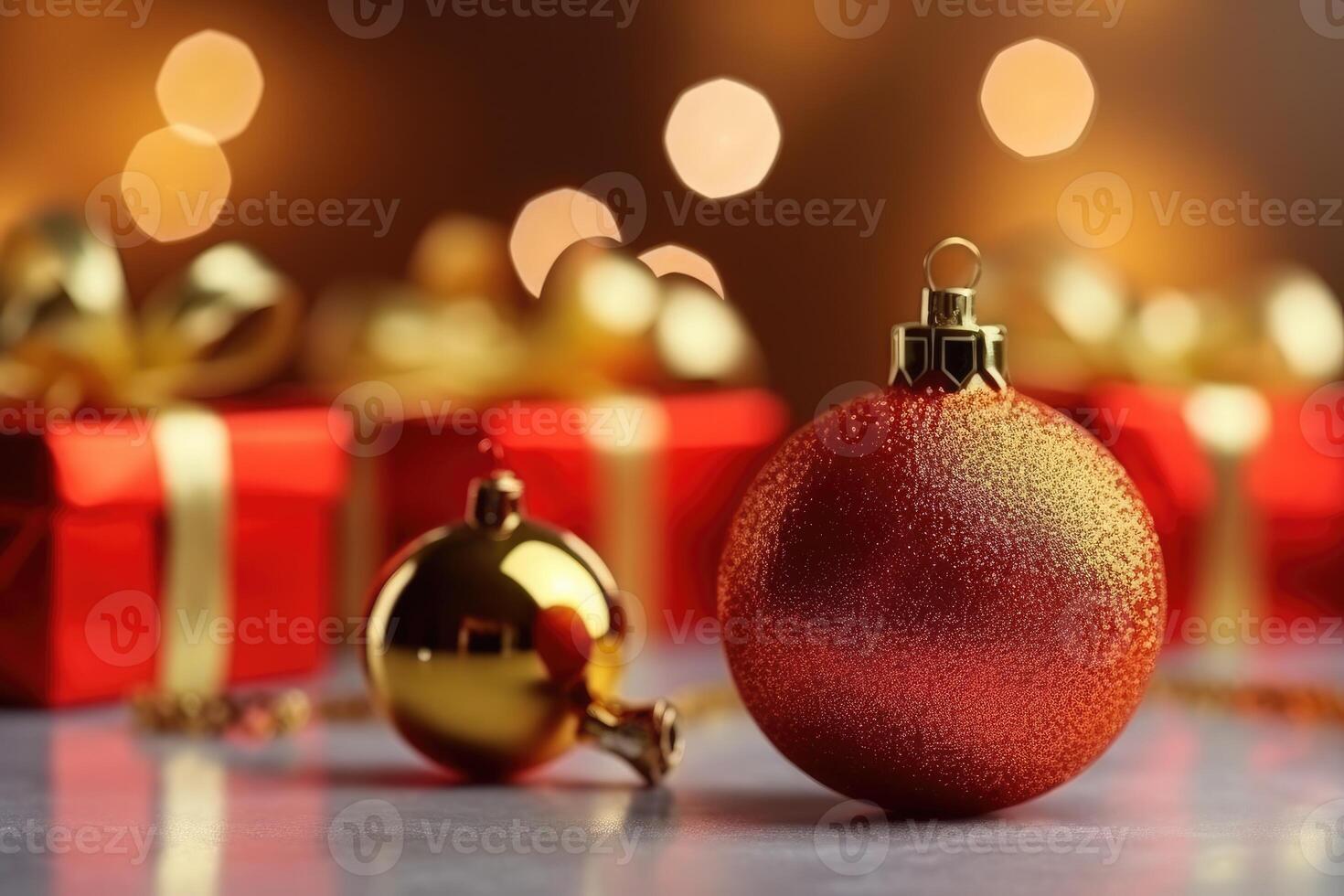 Photo of bokeh effect background, red gift box with gold ribbon and red and gold glitter christmas ornament.