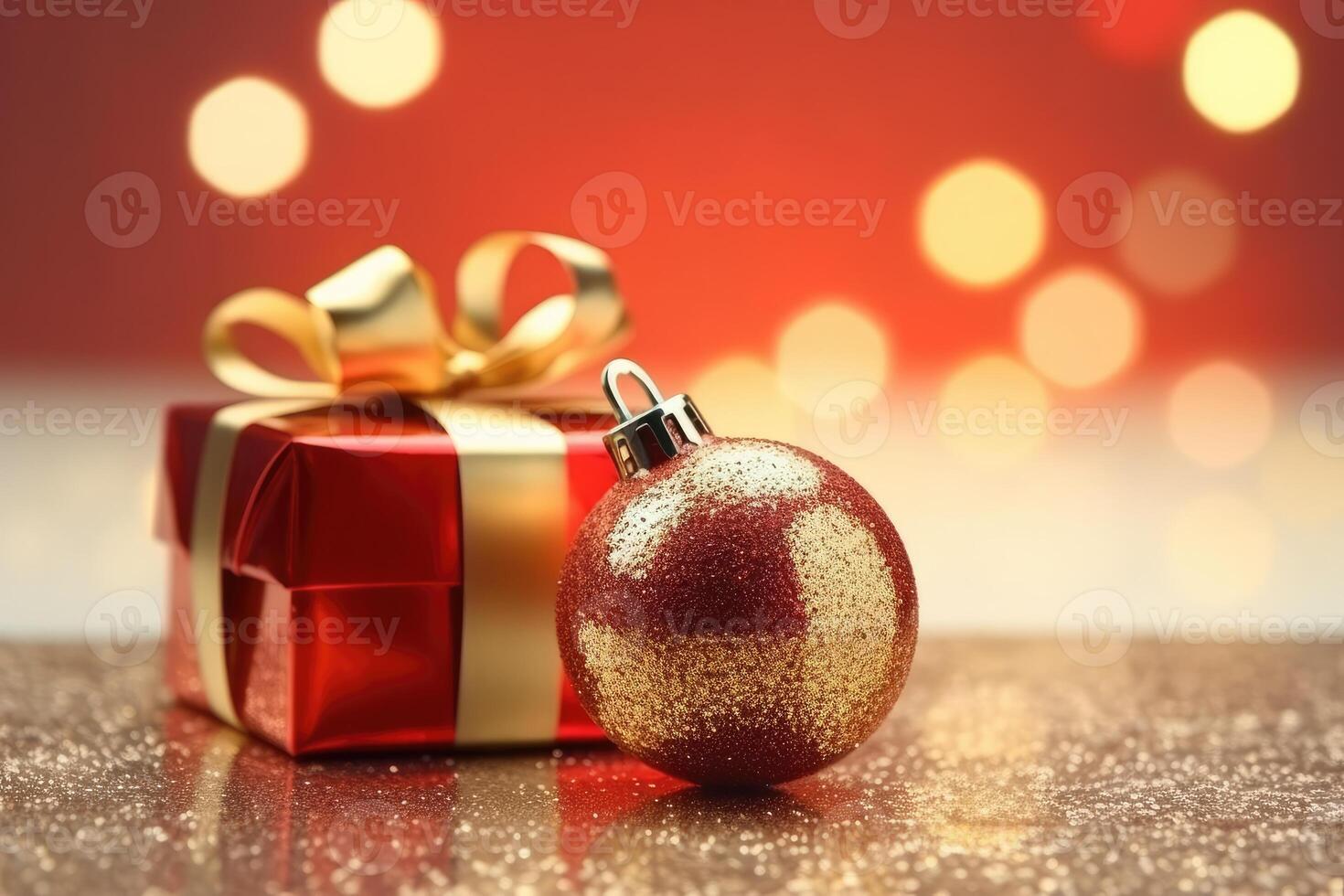 Photo of bokeh effect background, red gift box with gold ribbon and red and gold glitter christmas ornament.