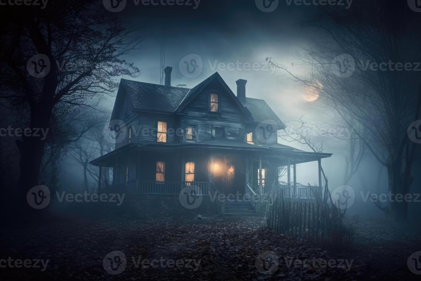 Photo of a scary house in a mysterious woodland. Halloween concept.