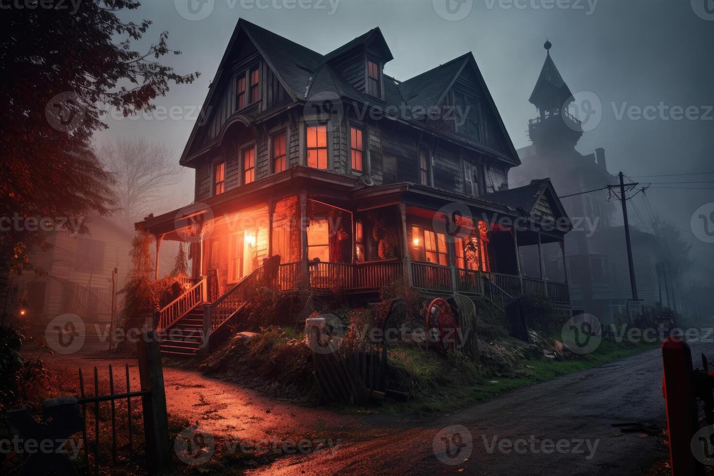 Photo of a scary house in a mysterious woodland. Halloween concept. Generative AI