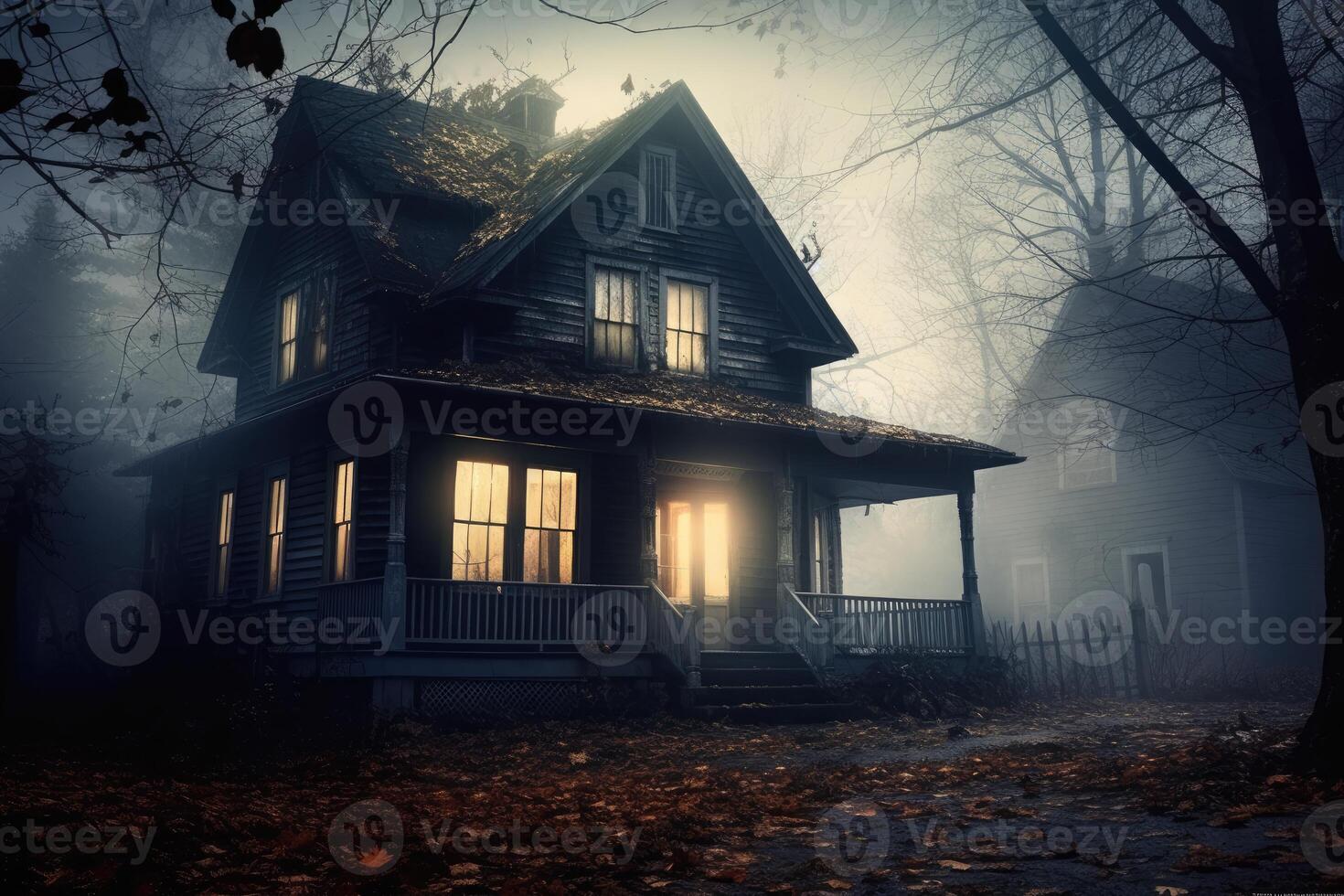 Photo of a scary house in a mysterious woodland. Halloween concept. Generative AI