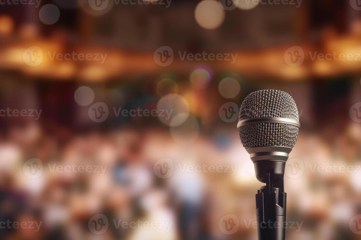 A photograph with the microphone in focus above the lecture hall lectern. photo