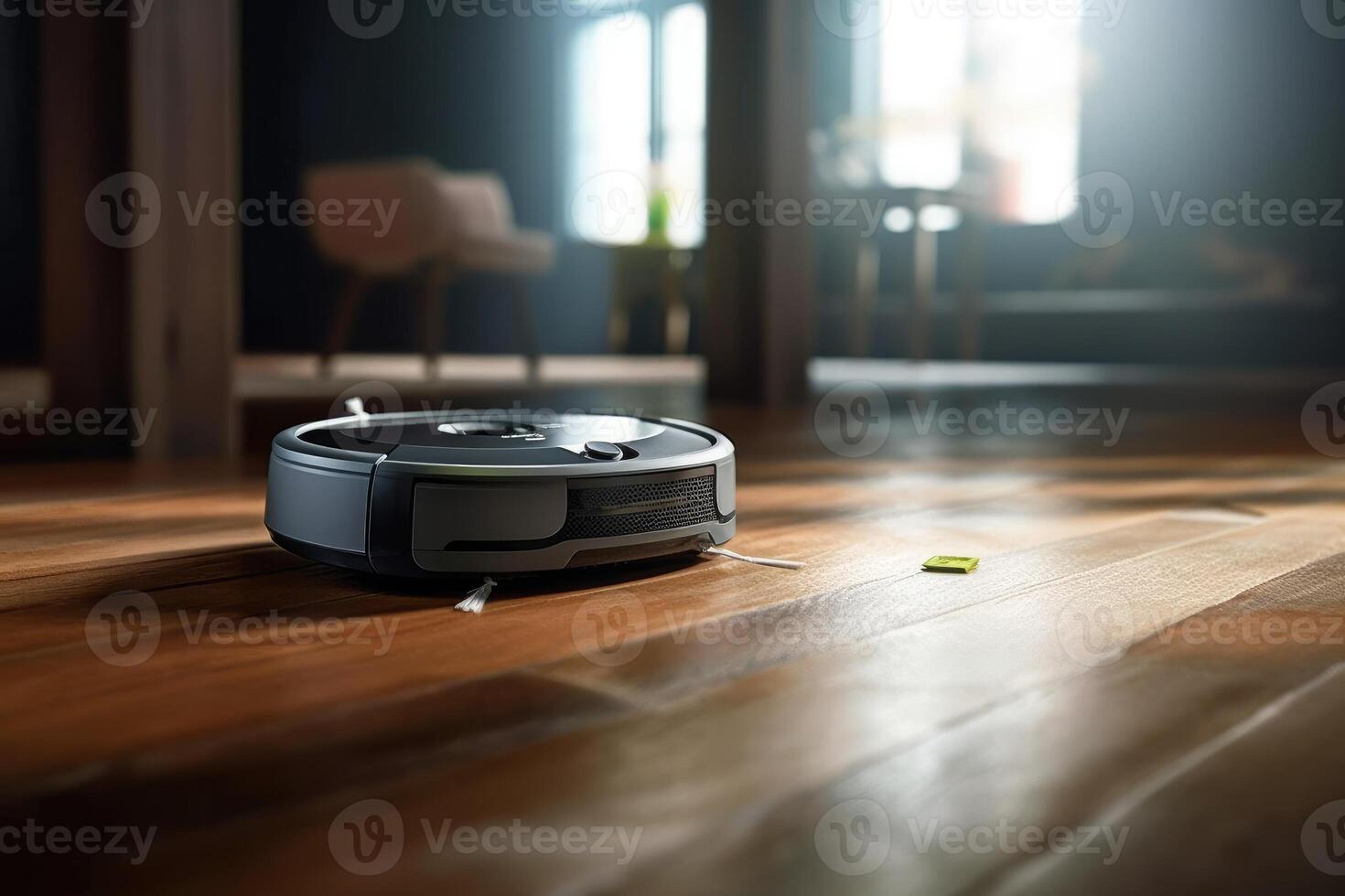 Photo of a robot vacuum cleaner sweeping and cleaning floors in the room.