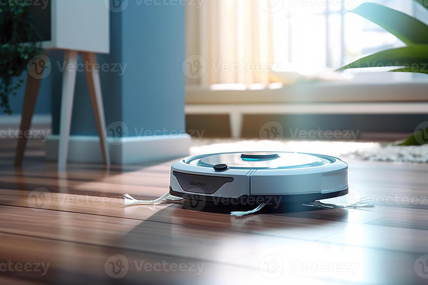 Photo of a robot vacuum cleaner sweeping and cleaning floors in the room.