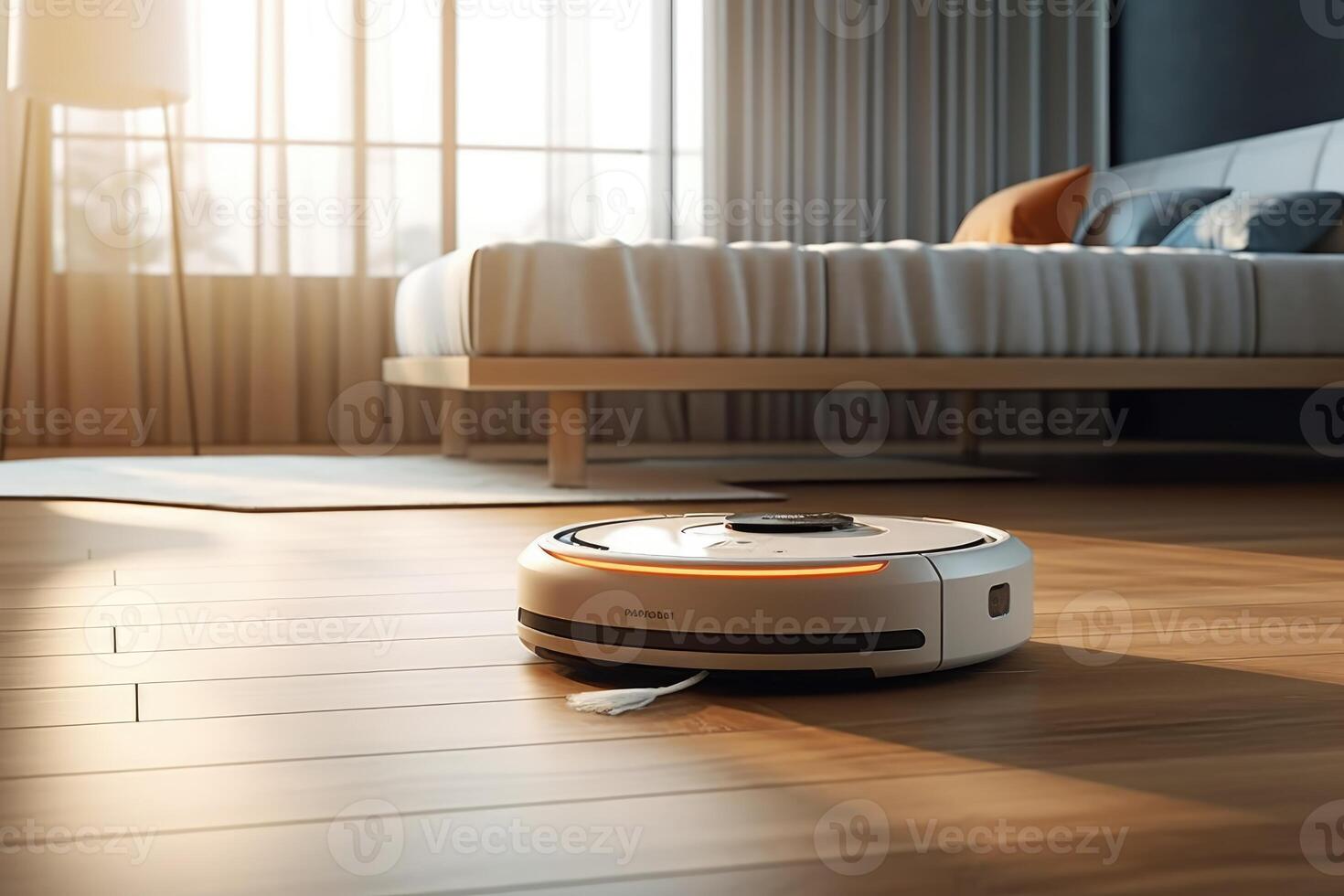 Photo of a robot vacuum cleaner sweeping and cleaning floors in the room.