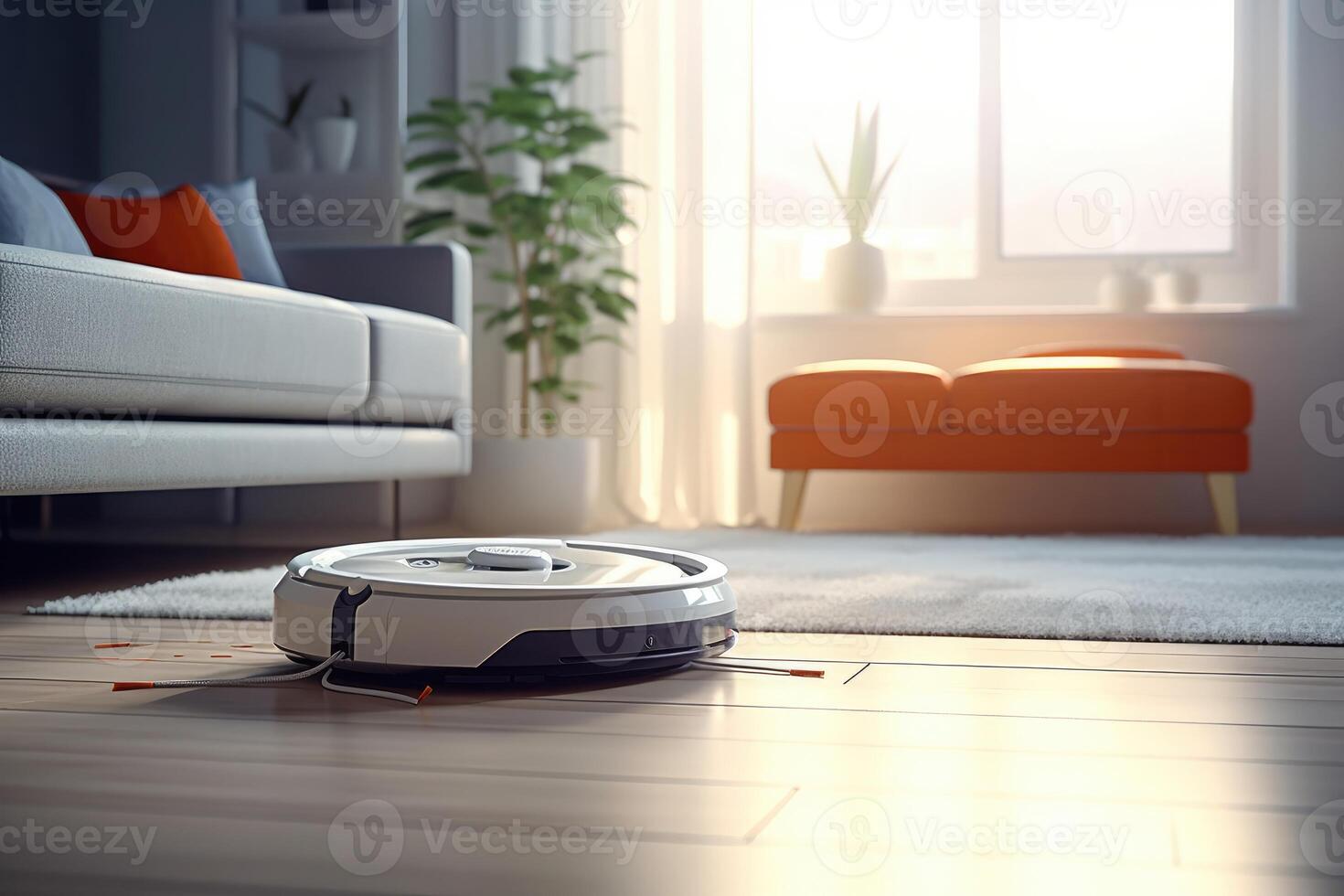 Photo of a robot vacuum cleaner sweeping and cleaning floors in the room.