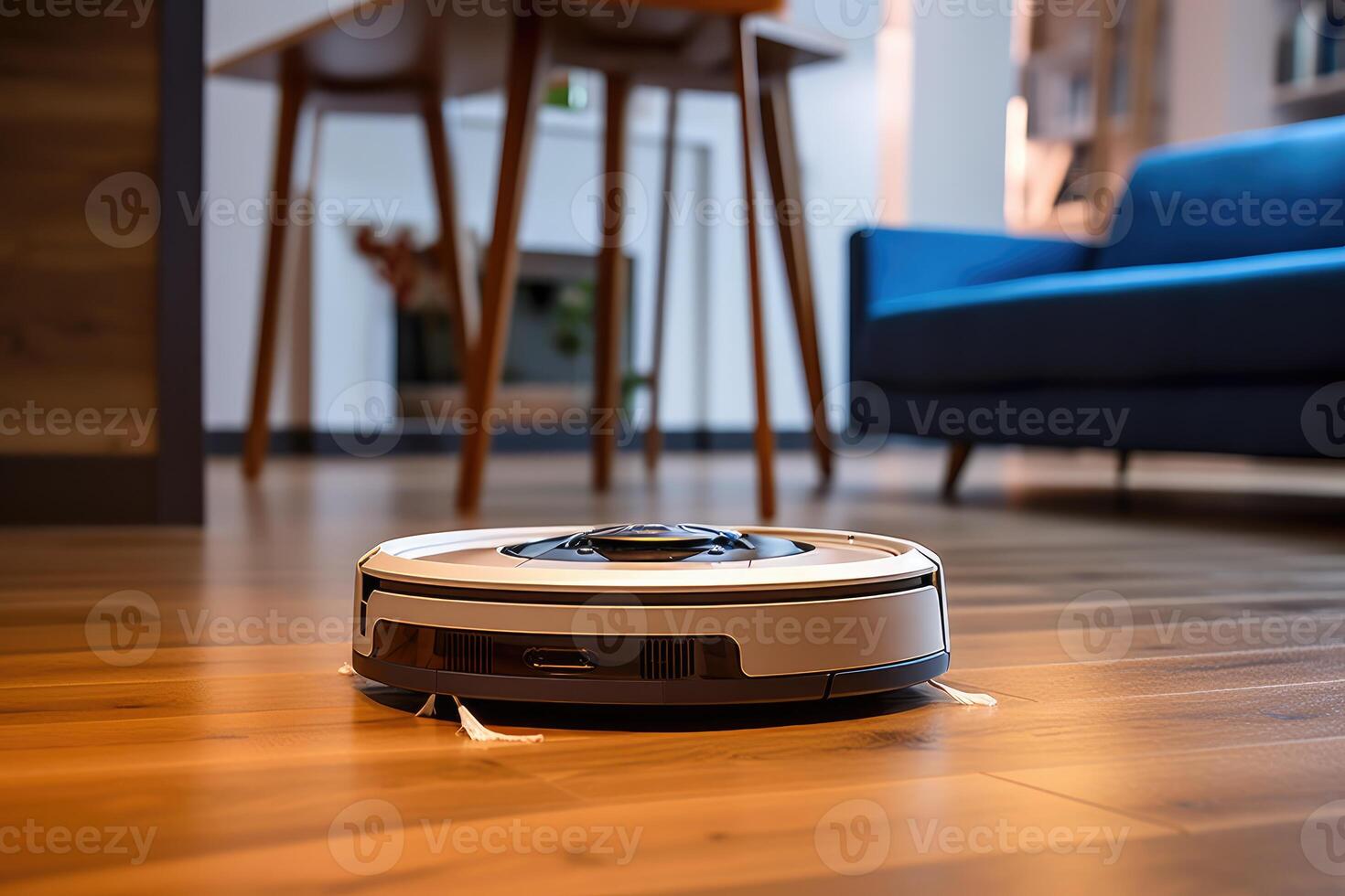 Photo of a robot vacuum cleaner sweeping and cleaning floors in the room.