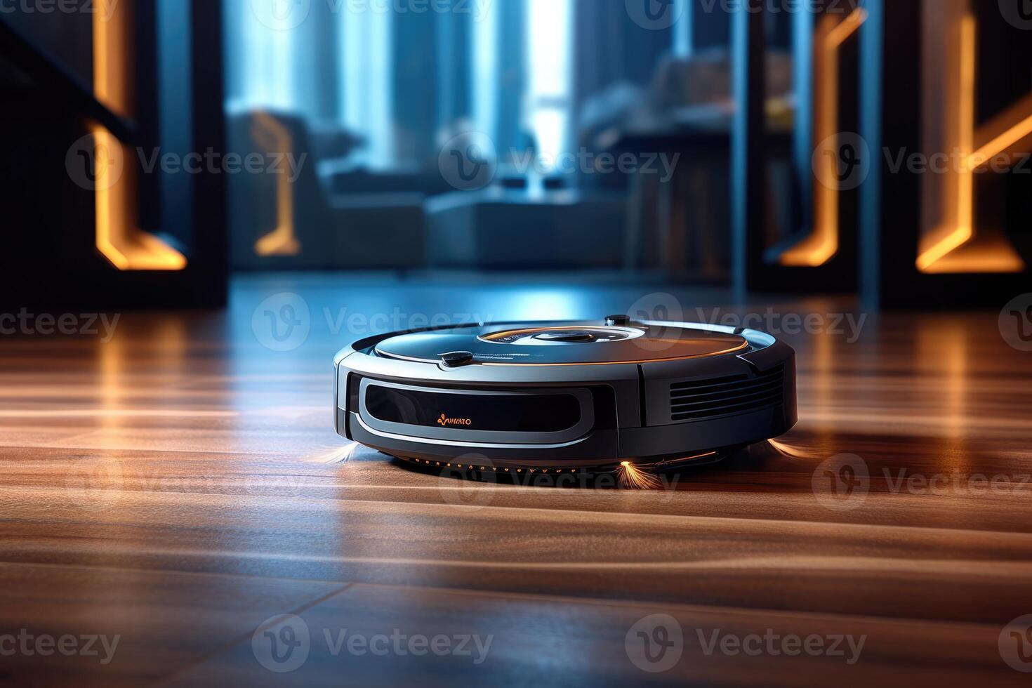 Photo of a robot vacuum cleaner sweeping and cleaning floors in the room.