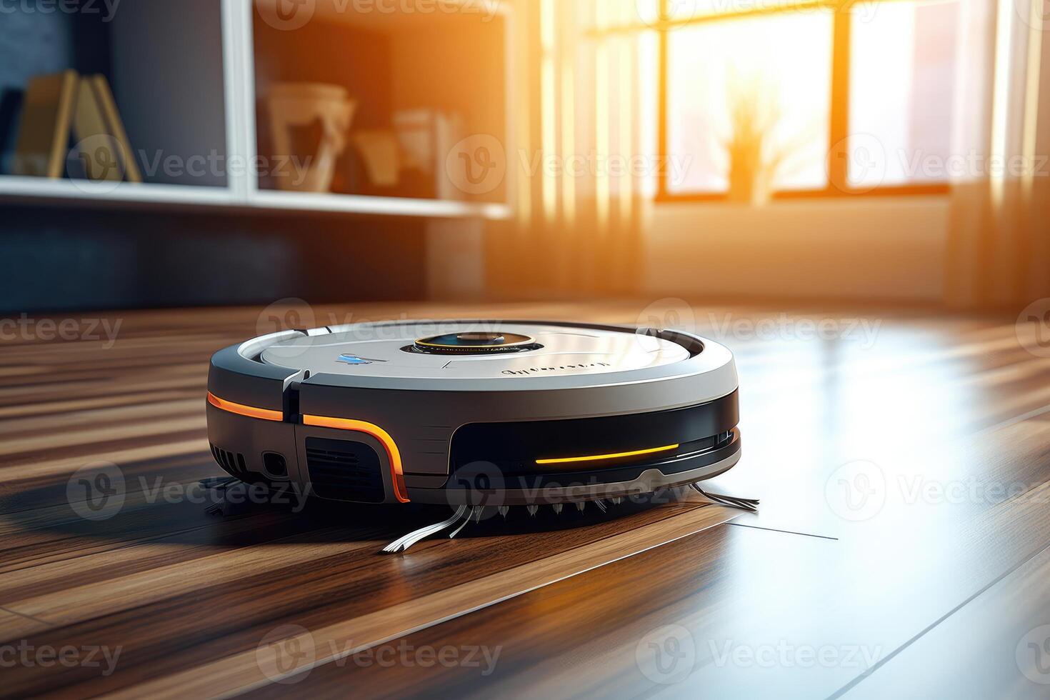 Photo of a robot vacuum cleaner sweeping and cleaning floors in the room.