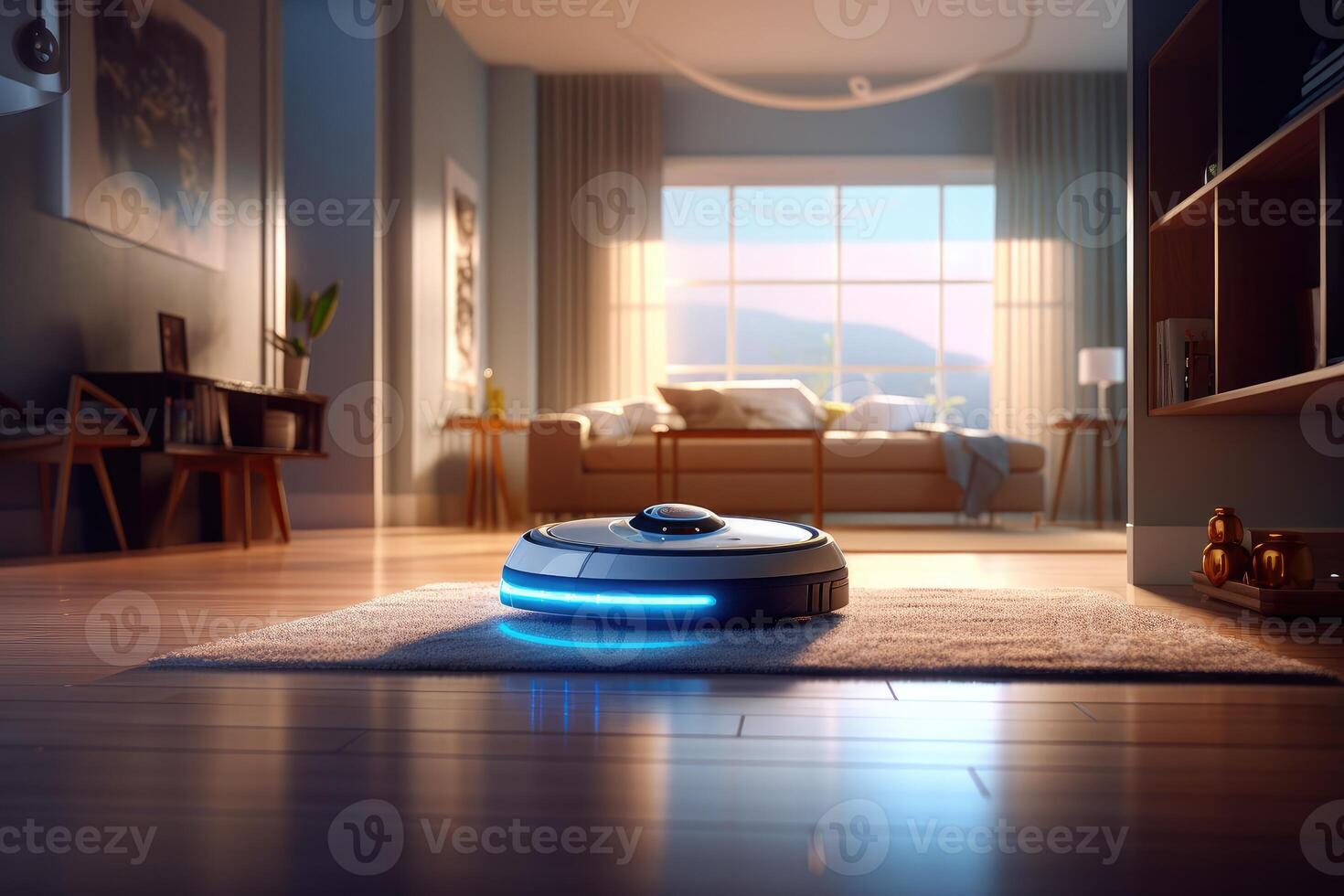 Photo of a robot vacuum cleaner sweeping and cleaning floors in the room.
