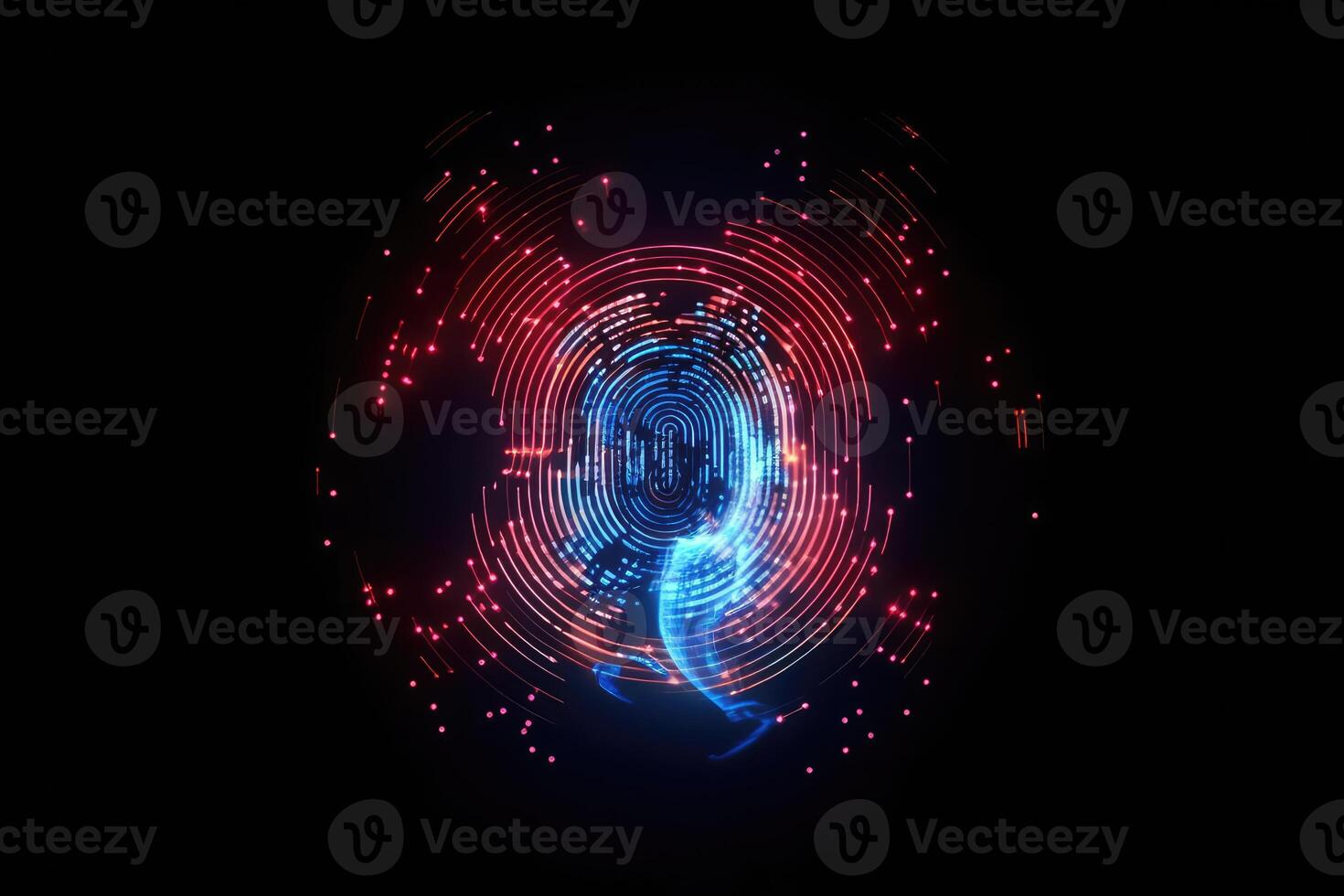 Advanced security technology, neon light background with fingerprint sensor. photo