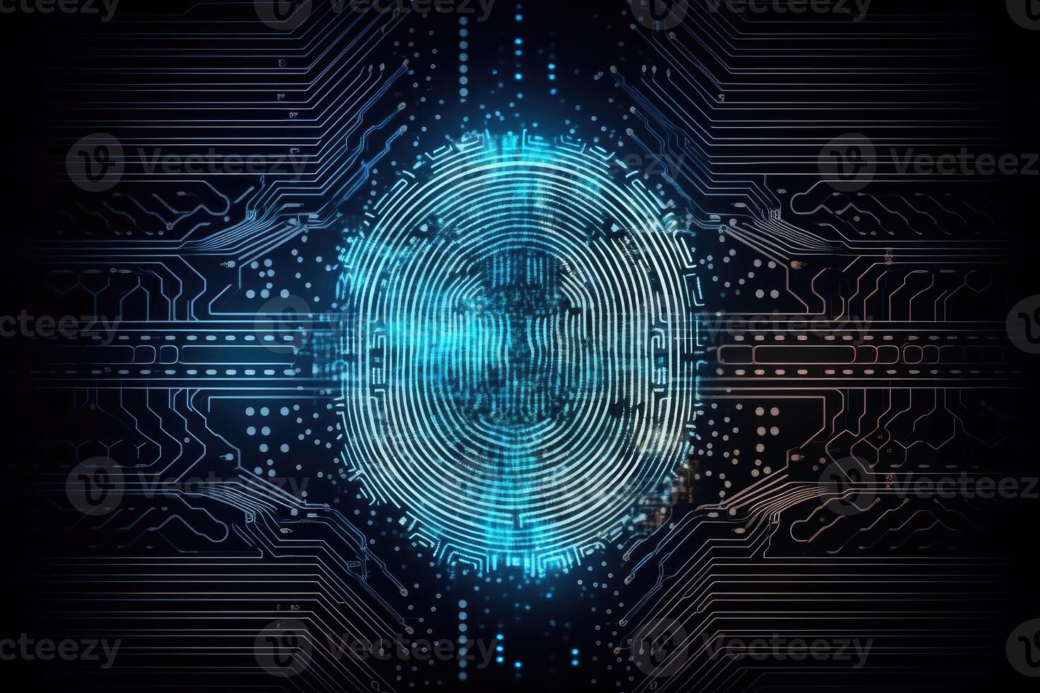 Advanced security technology, neon light background with fingerprint sensor. photo
