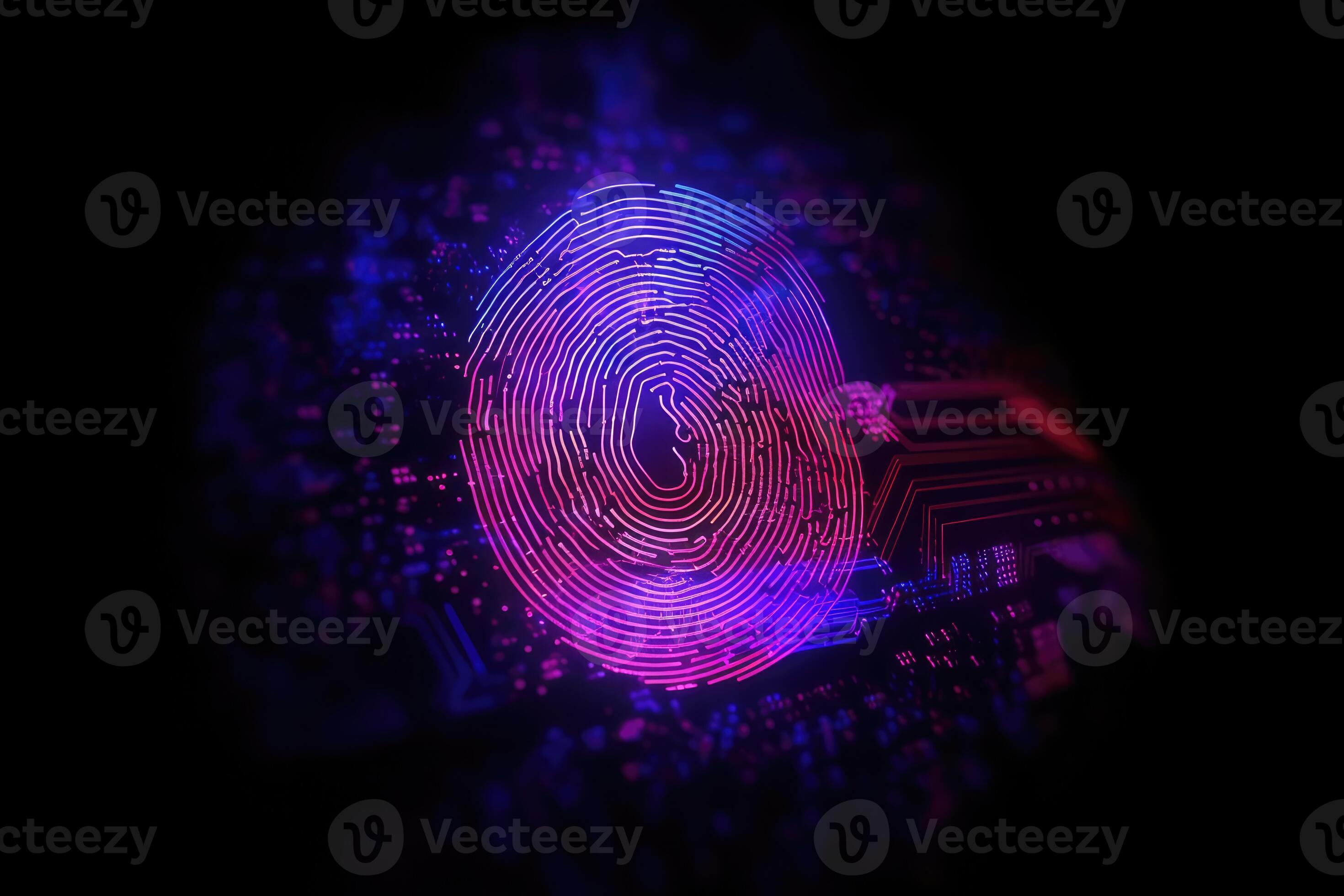 Advanced security technology, neon light background with fingerprint