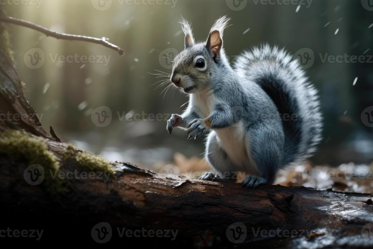 Photo of a squirrel walking on a tree branch.