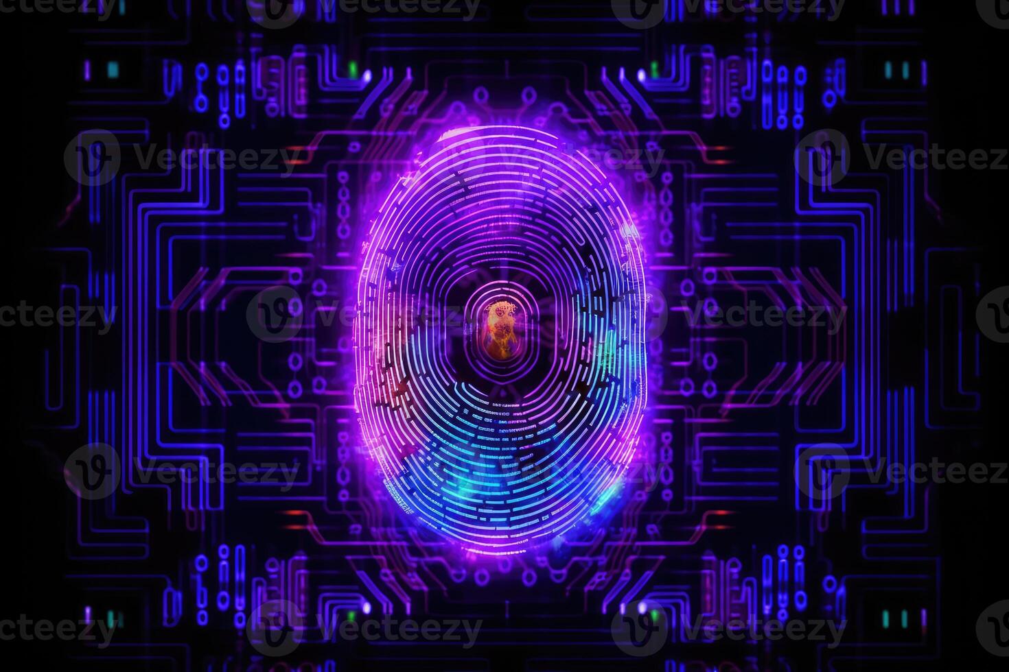 Advanced security technology, neon light background with fingerprint sensor. photo