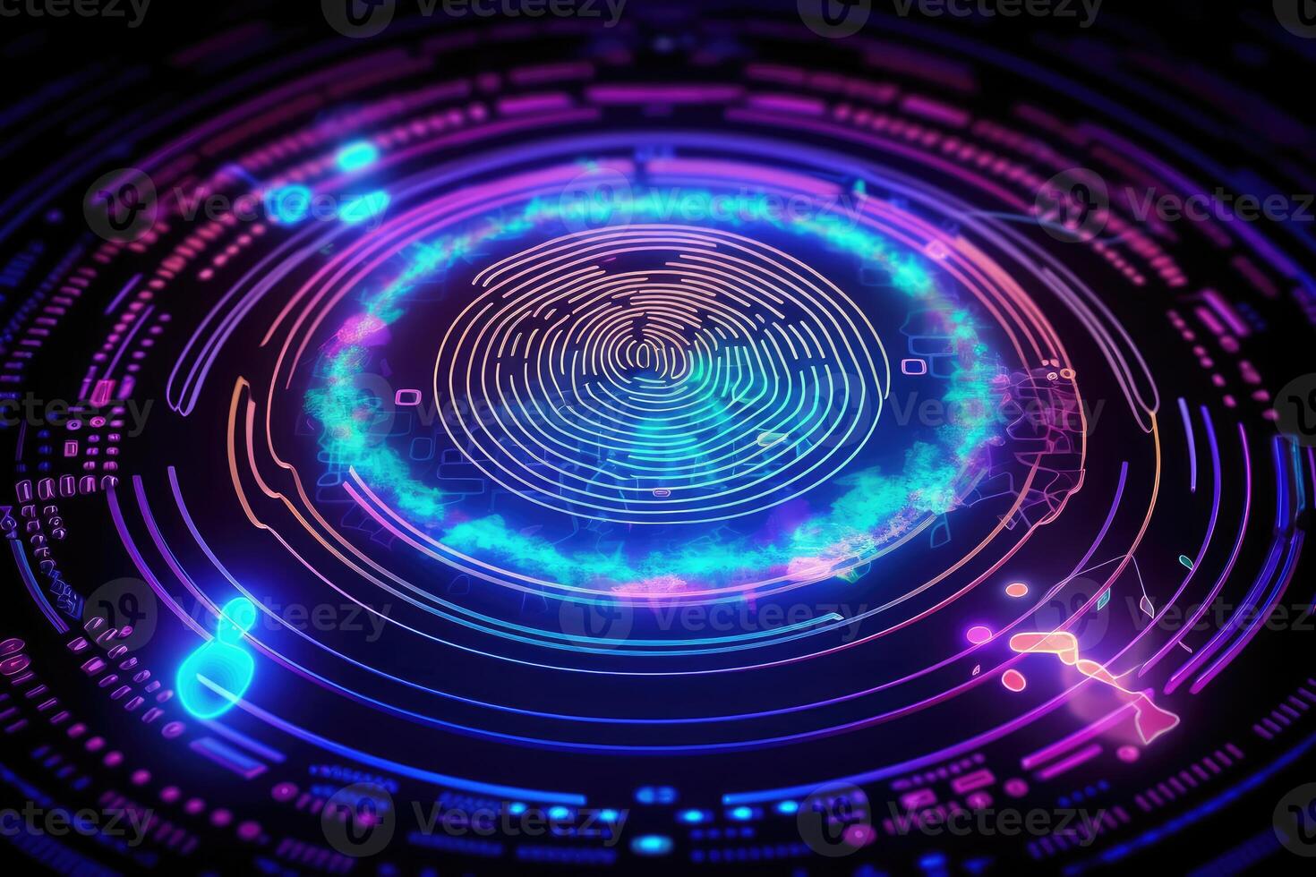 Advanced security technology, neon light background with fingerprint sensor. photo