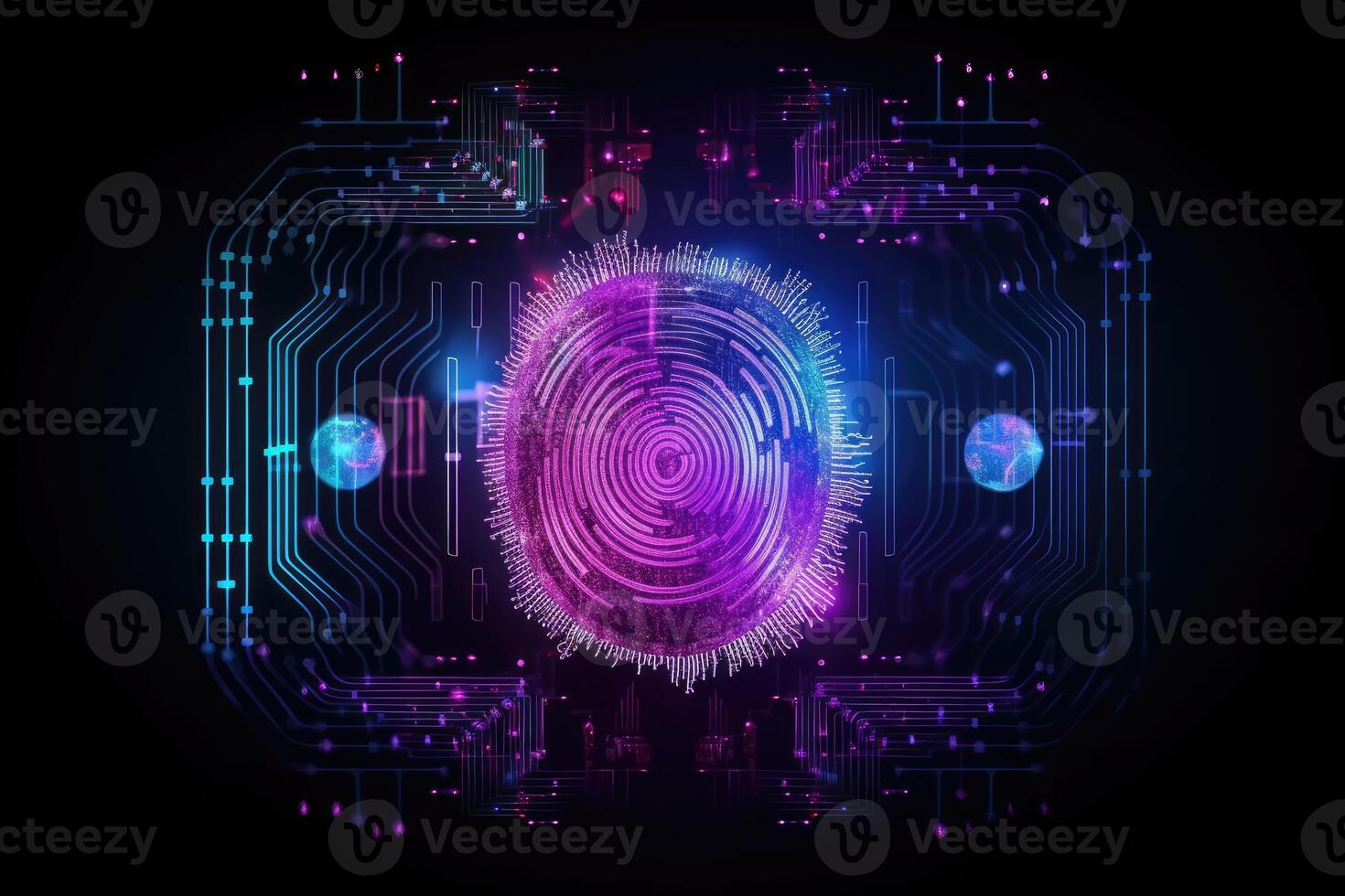 Advanced security technology, neon light background with fingerprint sensor. Generative AI photo