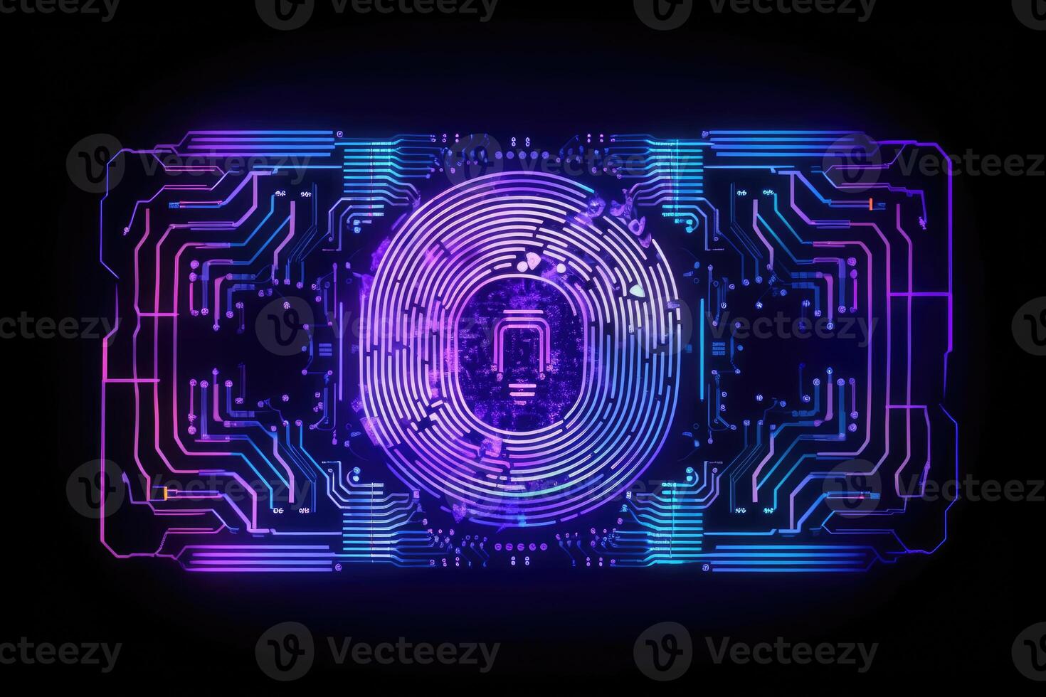 Advanced security technology, neon light background with fingerprint sensor. photo