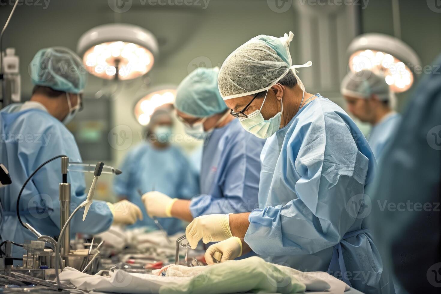 Photo of a male doctor performing surgery in an operating room. Generative AI