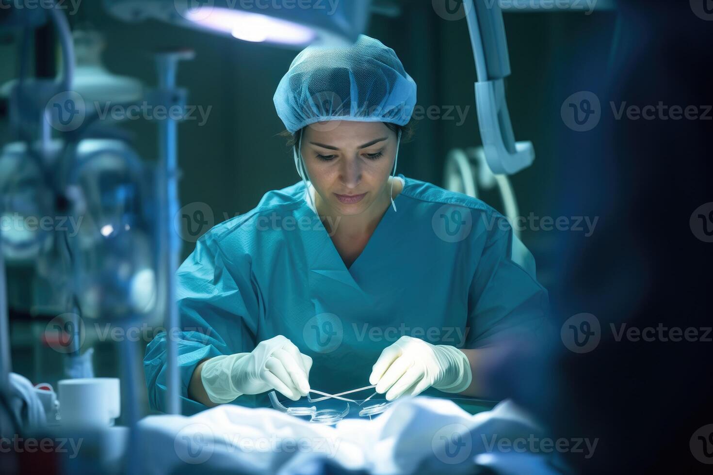 Photo of a female doctor performing surgery in an operating room. Generative AI