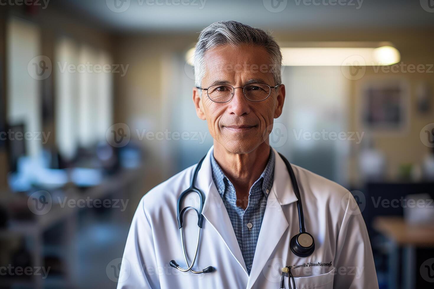 A portrait shot of a male doctor wearing a white lab coat and