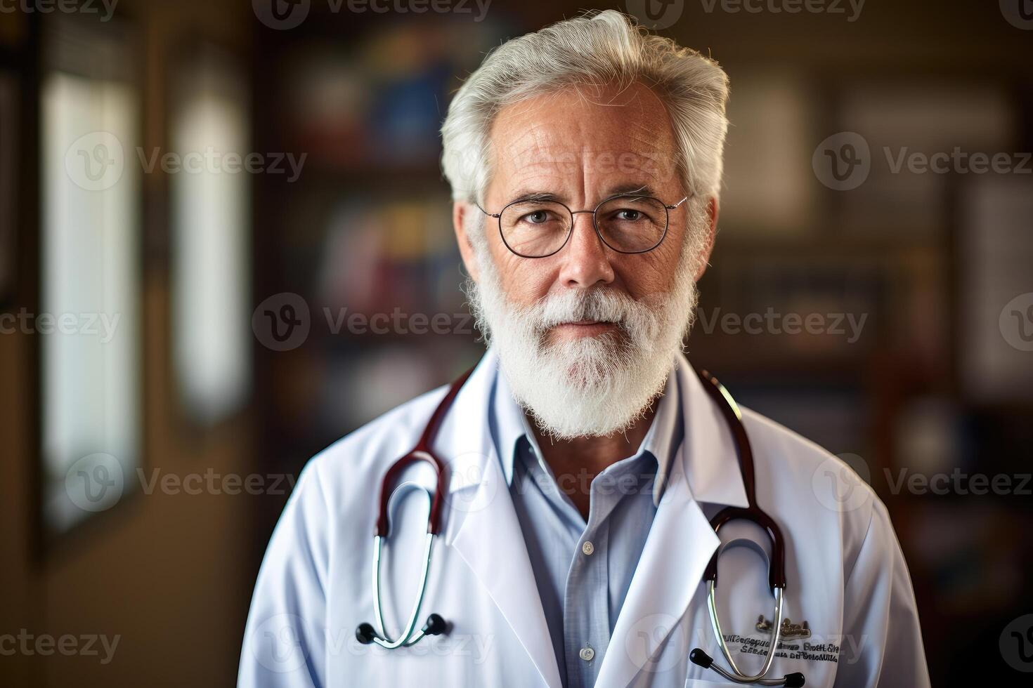 A portrait shot of a male doctor wearing a white lab coat and