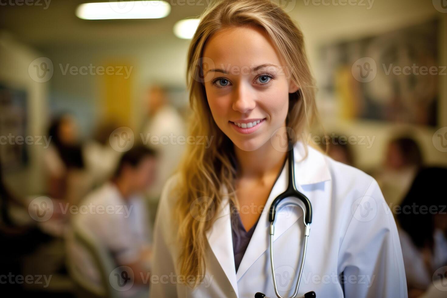 A portrait shot of a female doctor wearing a white lab coat and stethoscope. photo