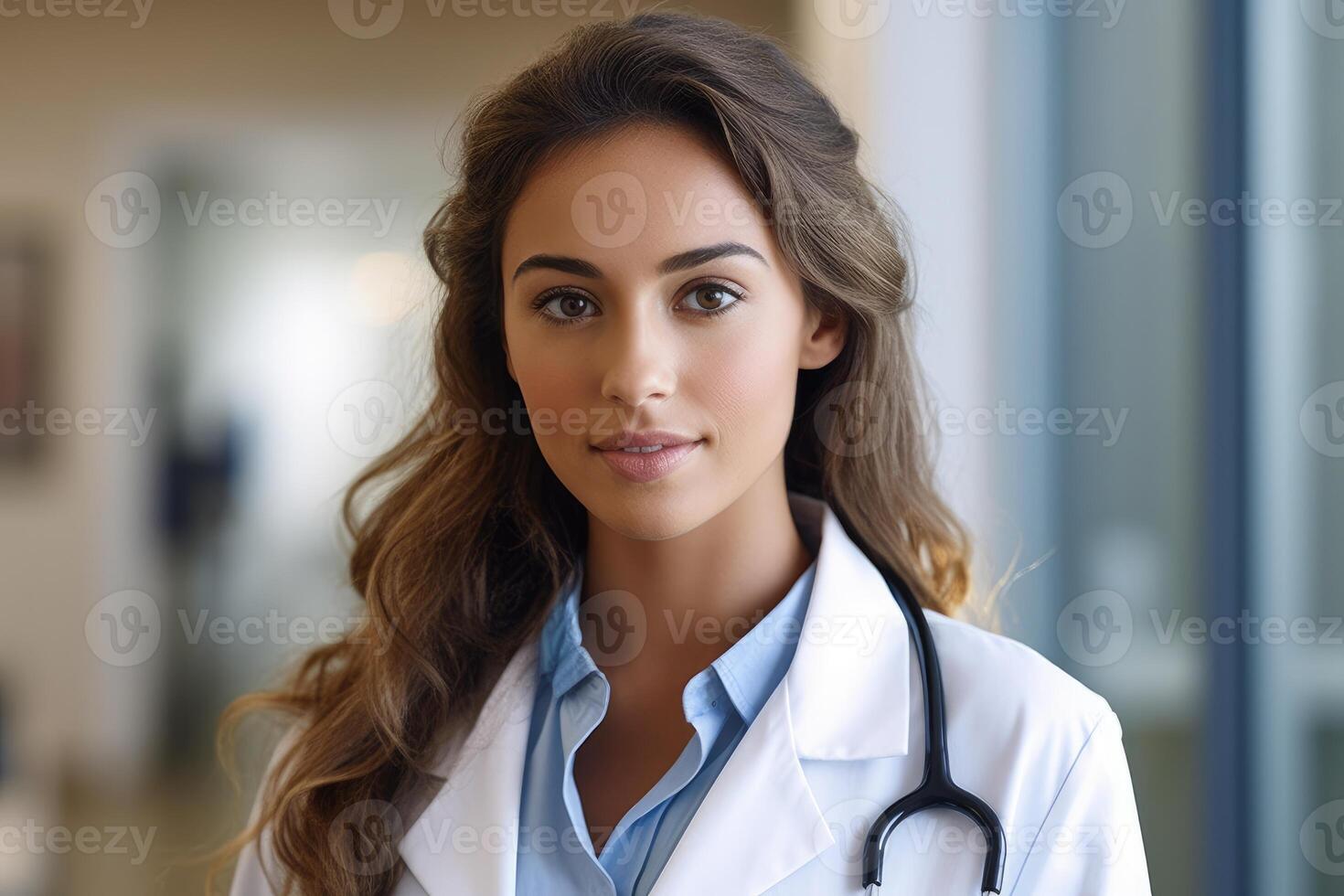 A portrait shot of a female doctor wearing a white lab coat and
