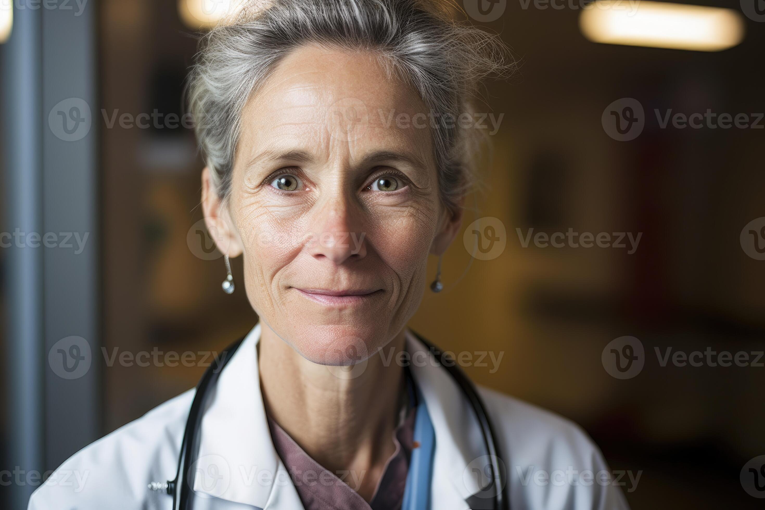 A portrait shot of a female doctor wearing a white lab coat and