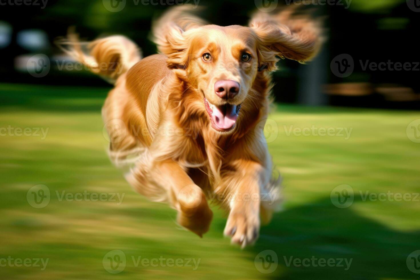 un cerca - arriba Disparo de un alegre, perro corriendo mediante el parque. generativo ai foto