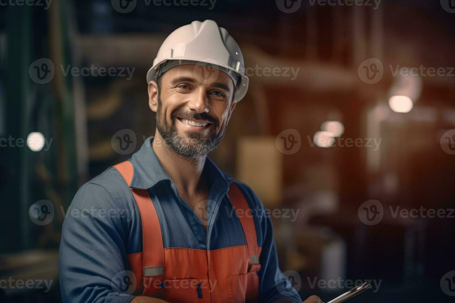 Smiling photo of worker man inside factory. Generative AI