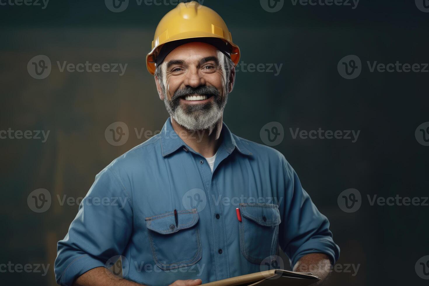 Smiling photo of worker man inside factory. Generative AI