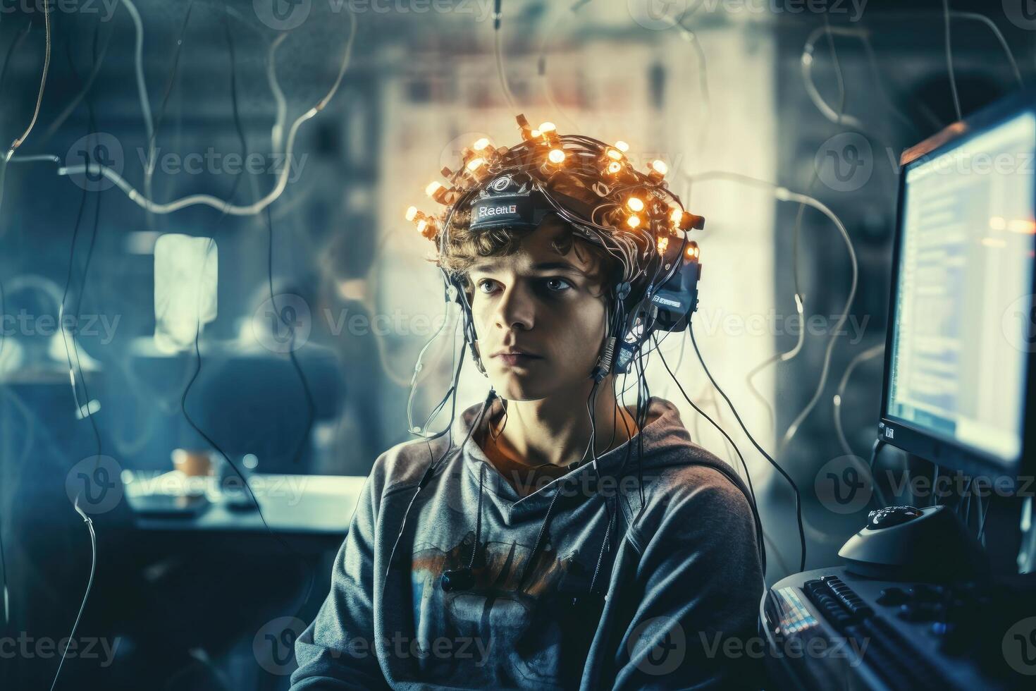 Photo of a person controlling a computer or device with their mind.
