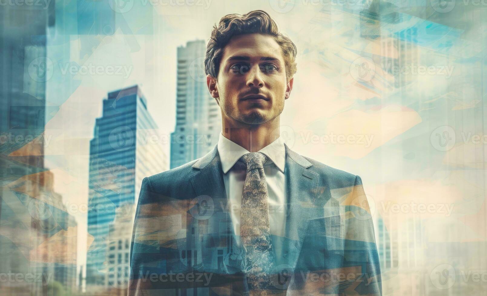 A business man in a suit, in the style of double exposure. Generative AI photo