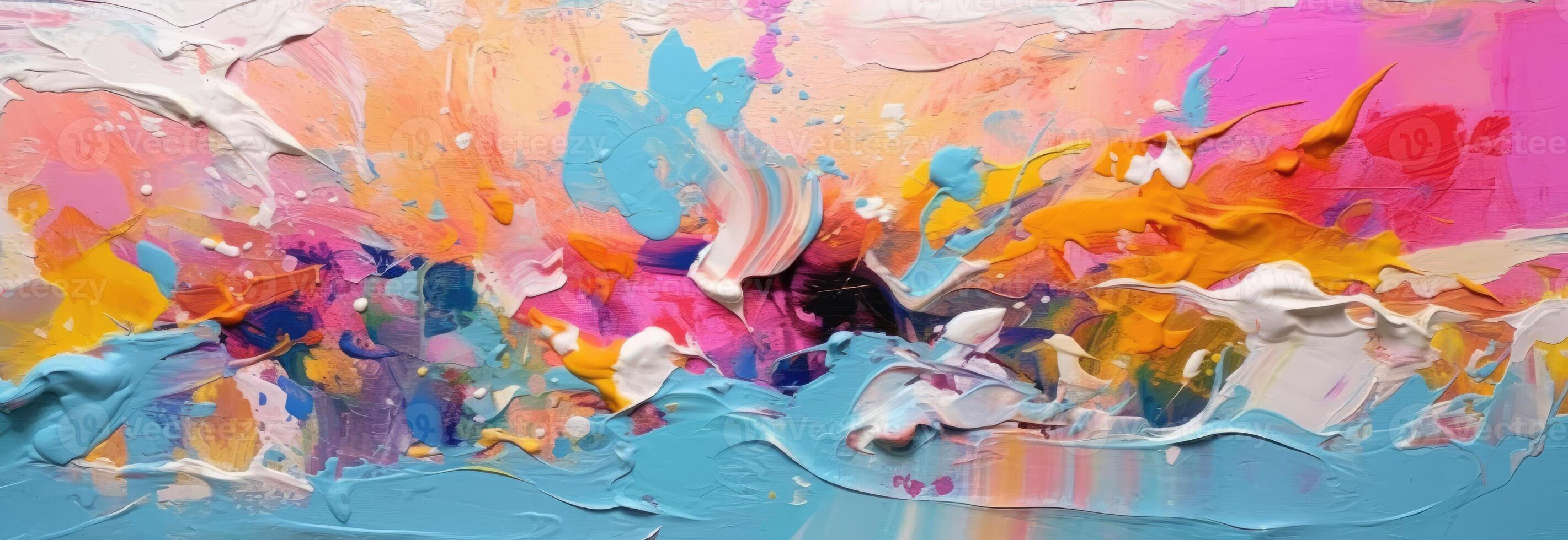 A close up view of colorful paint strokes on canvases. photo