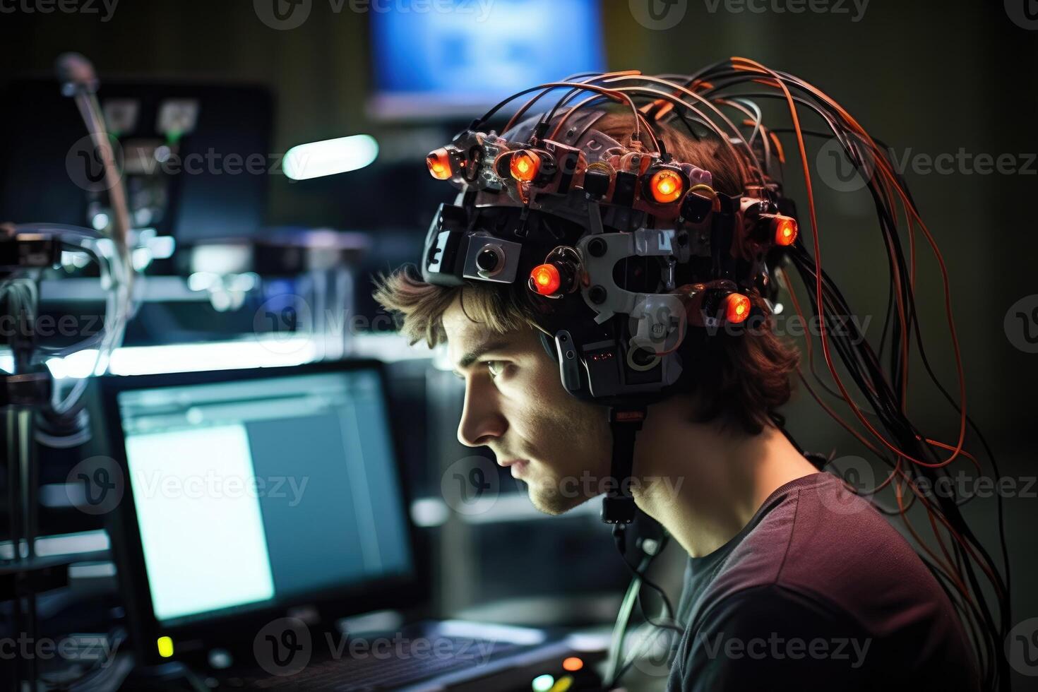 Photo of a person controlling a computer or device with their mind.