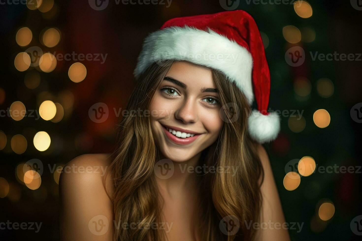 Photo of a beautiful woman in a santa hat poses with a smile. Generative AI