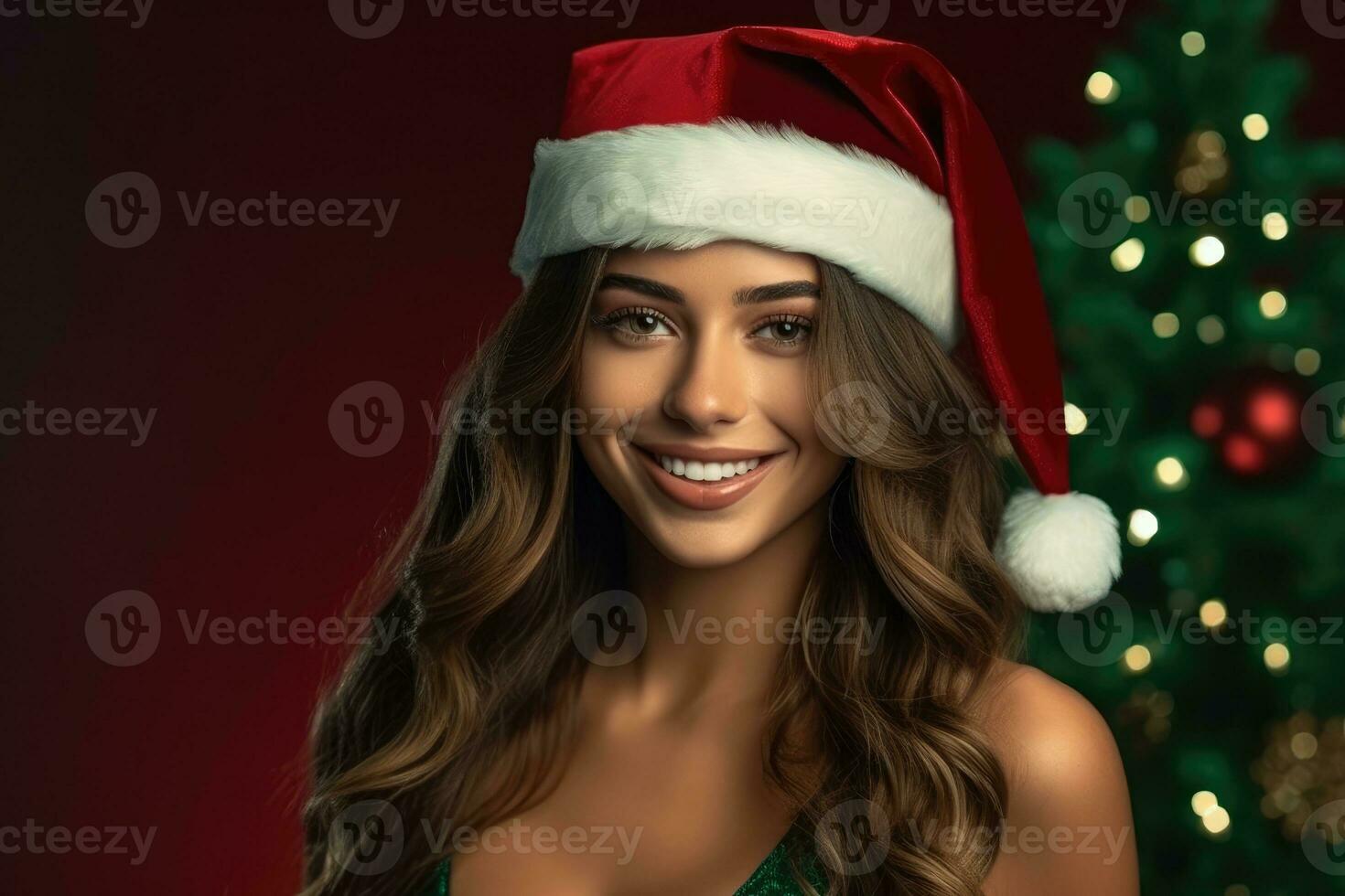 Photo of a beautiful woman in a santa hat poses with a smile. Generative AI