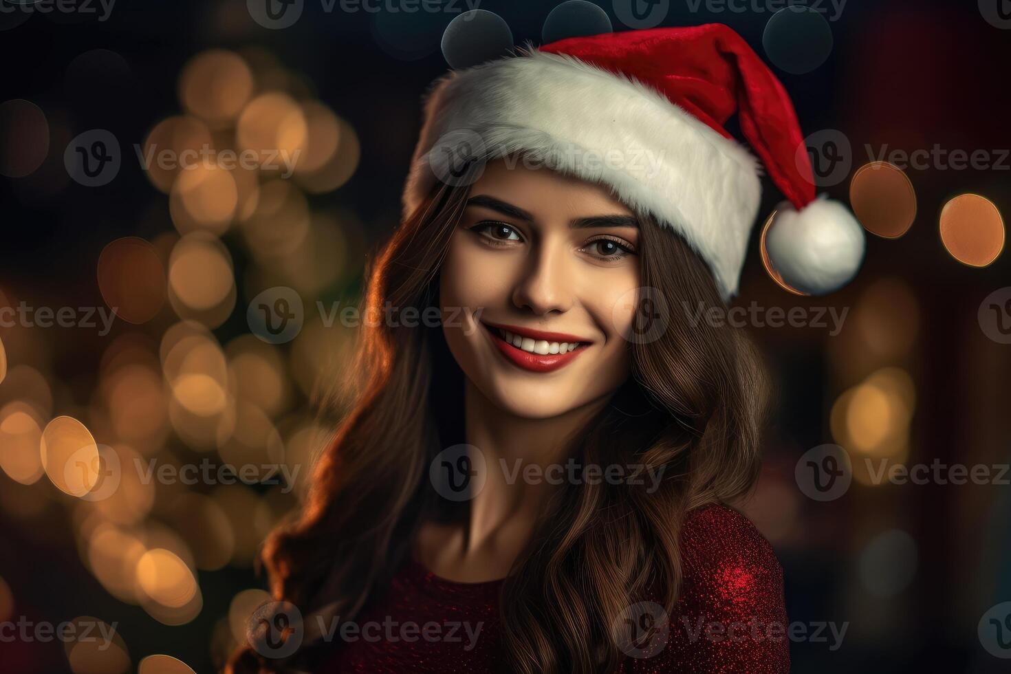 Photo of a beautiful woman in a santa hat poses with a smile.
