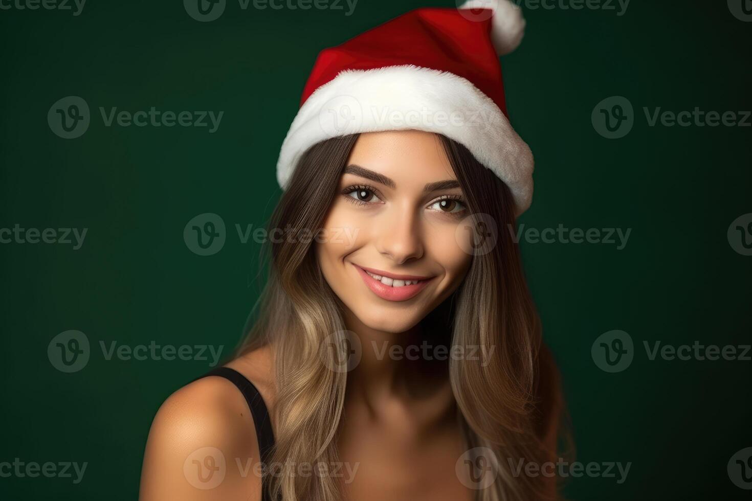 Photo of a beautiful woman in a santa hat poses with a smile. Generative AI