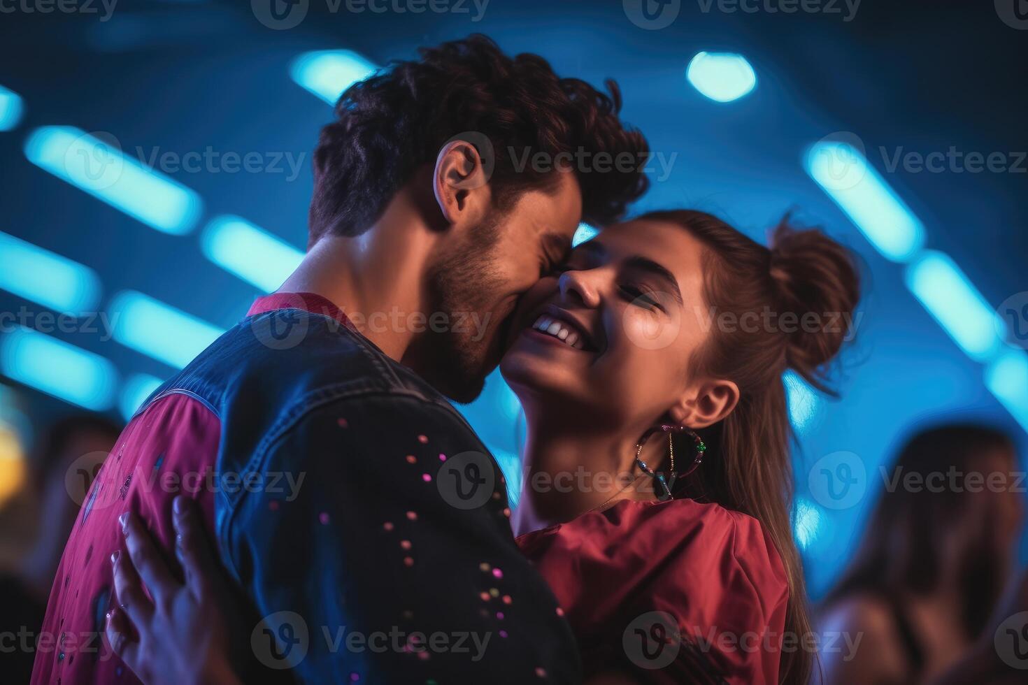 A close - up shot of a couple passionately dancing at a night club. Vibrant Colors. Generative AI photo