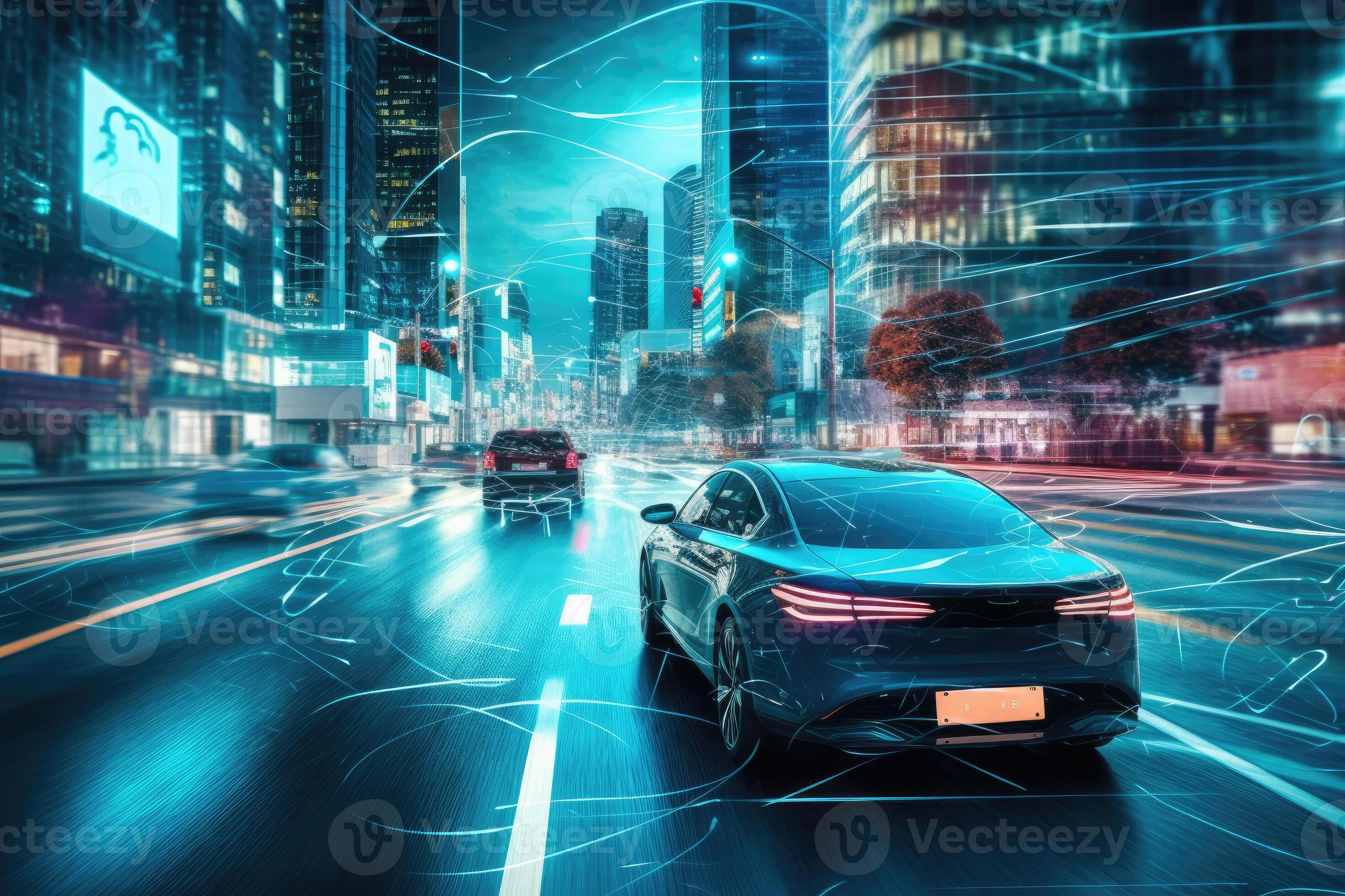 A photo of a self - driving car navigating through a cityscape, showcasing  the advancements in autonomous vehicle technology. 26805777 Stock Photo at  Vecteezy