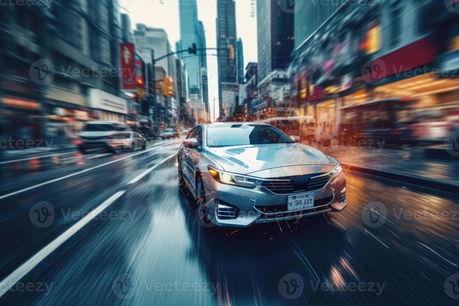 A photo of a self - driving car navigating through a cityscape, showcasing the advancements in autonomous vehicle technology.